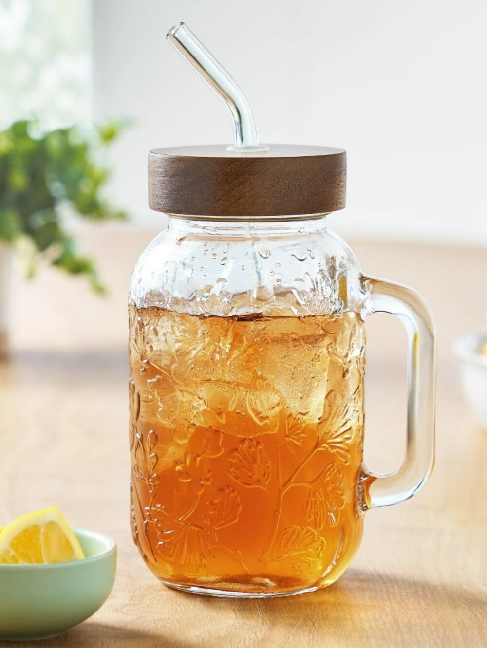 New The Pioneer Woman Palmer Embossed Glass 32oz Tumbler with Wood Lid